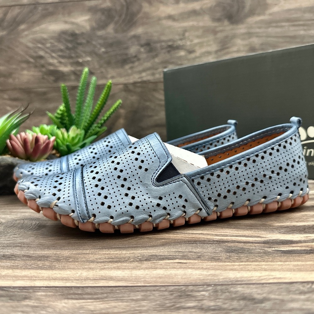 NIB Spring Step Fredia Laser Cut Leather Moc Moccasin Flats Loafer Blue - Picture 4 of 14